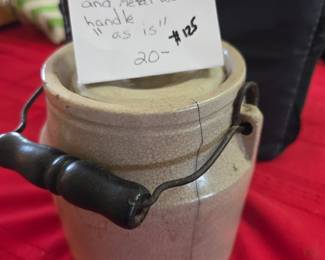 #125 Antique Stoneware crock with lid and metal and wood handle (as-is cracked) $20.00