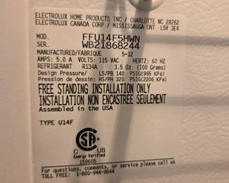 #12 Frigidaire Freezer - Frost Free - FFU14F5HWN - 28x29x60 You Move $150.00