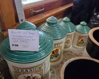 #126 Hearth and Home 'Garden Seeds' ceramic canister set 4pcs $30.00