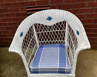 #318	Patio	white wicker chair with blue cushion	 $35.00 	   		
