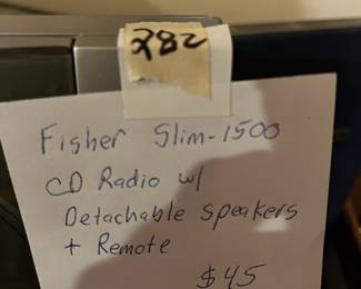 #282	office	Fisher Slim 1500 CG radio w/detachable speakers and remote 	 $45.00 			
