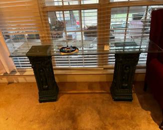 #16	table=LR	2 green pedestal with a glass top table ped 9 sq x28 glass 60x16	 $35.00 			
