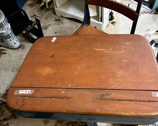 #149	Garage	Metal School Desk w/Swivel Seat & Wooden lift Desk	 $50.00 			
