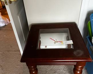#53	tab-br2	square glass insert top end table as is water mark 24x22	 $22.00 	 
