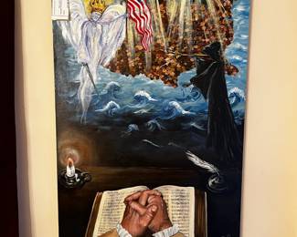 #286	Original painting of USA penny's Angel Union Flag and praying hands on bible 	 $75.00 	   		
