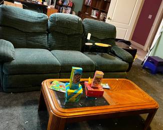 #56 lazy boy blue double recliner with flip arm with cup holder/massage 84 wide - You Move Upstairs (as is recliners)	 $20.00 			
#5	coffee table glass top insert 26x51x16 as is wobble 	 $20.00 			
