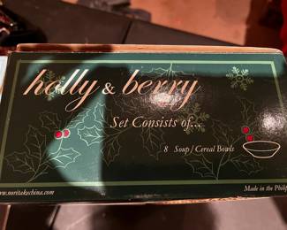 #340	china	Holly and berry set of 8 soup bowls by Noritake	 $30.00 			
