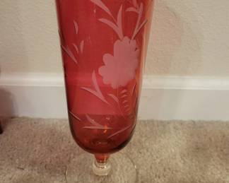 Cranberry Etched Glass 10 Inch Tall Vase