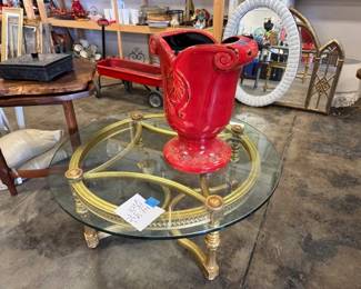 Red vase sold Glass top table $50