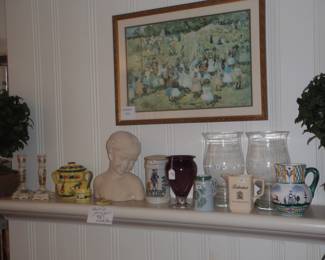 Quimper candlesticks and lidded pot.