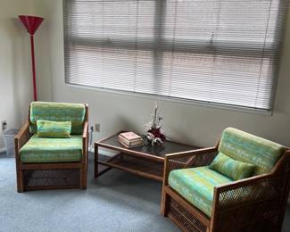 Great stylized wicker chairs & coffee table