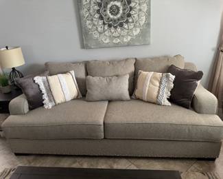 Great Mathis Bros sugar and matching love seat with Brad detailing across bottom, deep seat, very comfortable