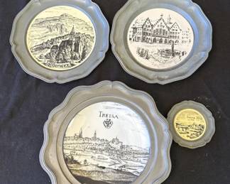 Lot # : 321z - 4 vintage German pewter-rimmed ceramic plates