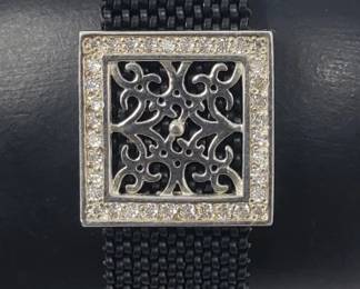 Lot # : 96 - Black metal mesh bracelet w/ silver & cz enhancer