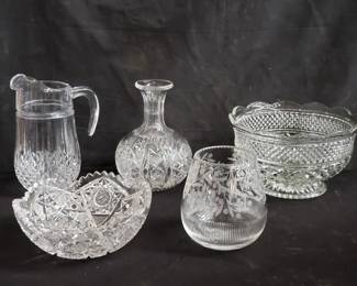 Lot # : 359 - Group of cut & etched crystal & glass bowls ,
vase, pitcher.