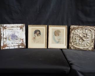 Lot # : 372 - Pair of signed lithographs & vintage tin ceiling