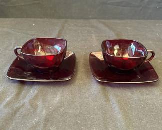 Lot # : 329z - Pair of vintage ruby red glass cups & plates