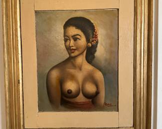 “Indonesian Female Nude” original oil painting by the artist MBOUL from the 20th century. Signed in the bottom right. 