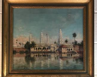 Orientalist Oil Painting of “Nagore Musjid. South India” 1911 by H. B. Millar.  16” x 20”.    Exhibited 1912 San Francisco Art Association Spring Show.   Millar was born in Scotland and immigrated to California in the early 1900’s