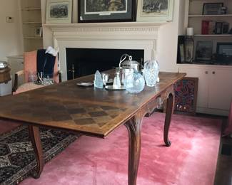 French Extension Table beautiful marquetry.   Extended 39” x 86”.  
29” high to top of table.   25” clear for seating 
Un extended is 39” wide x 47” long