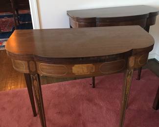 Pair of Hepplewhite Inlay Games Tables.  With swivel top with drawer space.  1950s.