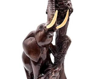 60 WoodenElephantFamilySculptureMotherCalfwIvoryStyleTusks