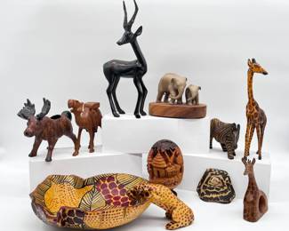 58 HandCarvedAfricanSafariAnimalWoodFigurinesGiraffeElephant