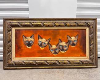 145 WhimsicalSiameseCatPaintingSignedFramedAcryliconCanvas