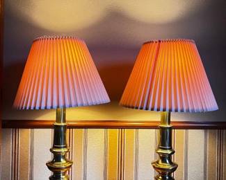 17 PairofVintageStiffelSolidBrassTableLampswPleatedShades