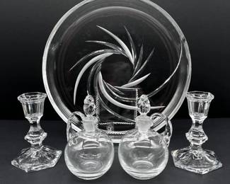 158 YugoslavianLeadCrystalPlateCandlesticksCruetswRoseStopper