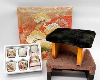 172 1VintageJapaneseSakeSetPhotoAlbumFootstoolsLot