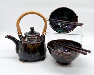 45 CeramicTeaRamenSetGlazedTeapotwCaneHandleTwoBowls