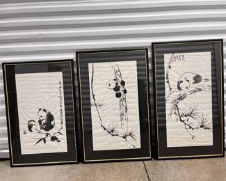 140 Setof3FramedChineseInkPaintingsPandaArtworkonRicePaper