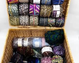 31 AssortedNoveltyYarnVarietyofColorsBrandswWickerBasket