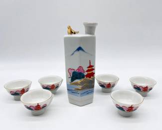 135 JapaneseWhistlingBirdSakeDecanter6CupsRedPagodaDesign