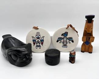 78 AlaskanNativeArtLotOilBowlTotemCarvingsHandPaintedDiscs