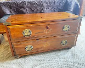 18 VintageHenredon2DrawerPineCampaignChestAsianMotifs