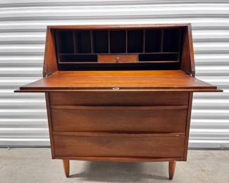 67 VintageMCMSecretaryDeskTaperedLegsDropFrontDrawers