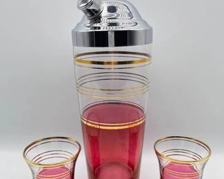 156 PinkGoldCocktailShakerSetArtDecoGlasswMatchingGlasses