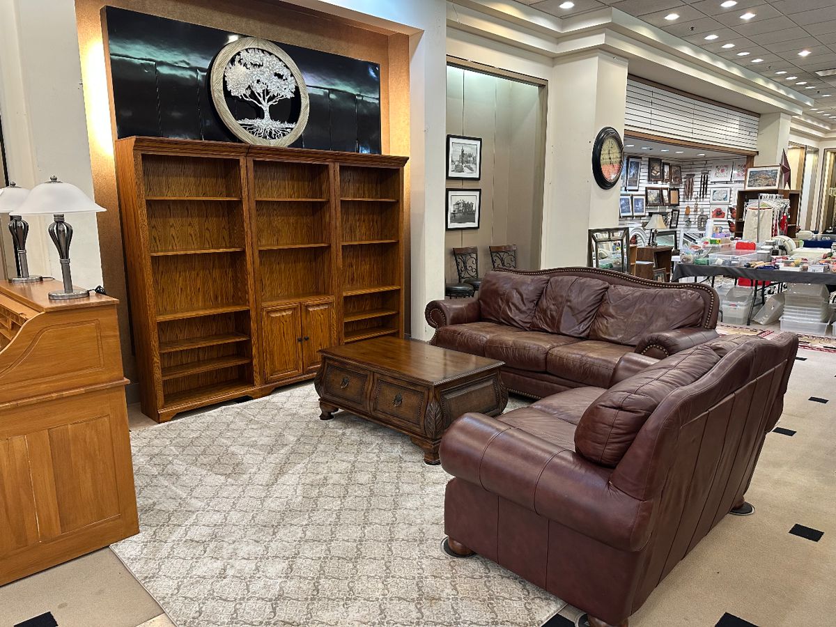 Solid oak wall unit, leather sofa and loveseat!