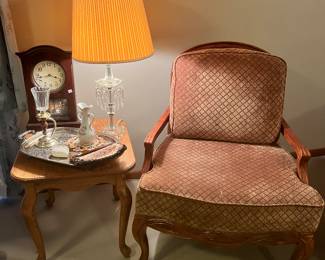 Very comfortable side chair, oak end table Vintage crystal lamp
