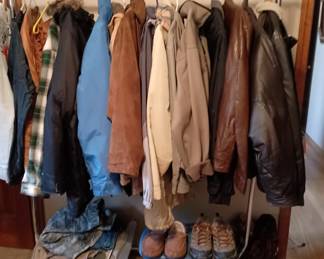 Men's jackets, some leather, others light and heavy weight 