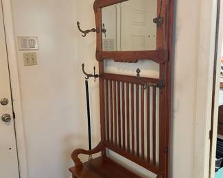 Antique  early1900s American Oak Hall Seat / Hall Tree With brass Hooks, Mirror, & Storage Bench
