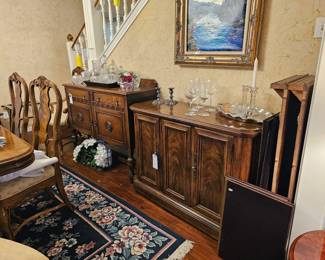 Drexel Dining table with 8-chairs, Drexel Buffet Server cabinet, Drexel lighted China Cabinet, antique sideboard cabinet, Drexel Secretary Hutch cabinet.