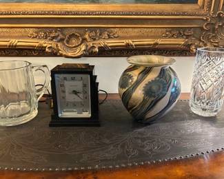 Vintage Clock with original price tag still on it, Vase next to it is signed by the artist and the cut crystal vase is Waterford.