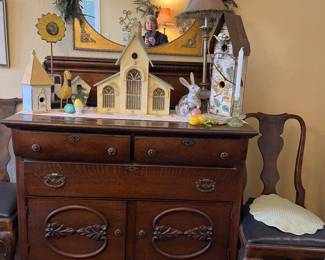 Antique Buffett, Birdhouses, and Easter Decor