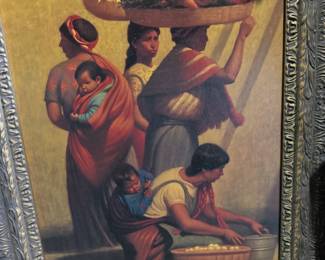 Market scene painting with elaborate frame