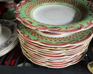 Transfer ware set with footed plates and covered bowl