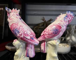 pair of porcelain painted cockatiels tropical birds