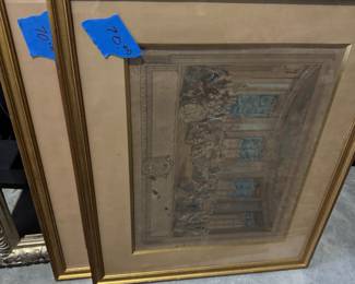 Etchings in frame with glass